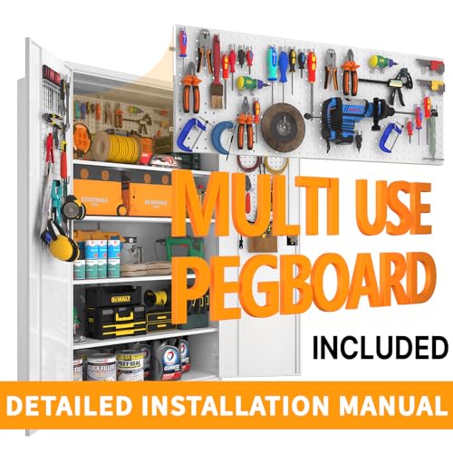 Upgraded Tall & Wide Metal Storage Cabinet with Doors & 4 Adjustable Shelves | Heavy-Duty Black Lockable Garage Cabinet with Wheels & Pegboard for Office, Gym, Basement, Warehouse (White)