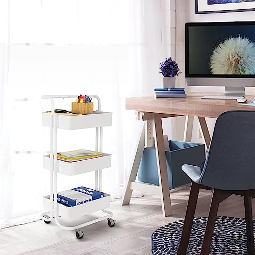 Seville Classics 3 Bin Metal Rolling Storage Utility Cart Organizer Trolley w/Lockable Wheels for Office, Art Supplies, School, Salon, Kitchen, Garage, Home, White w/Handle