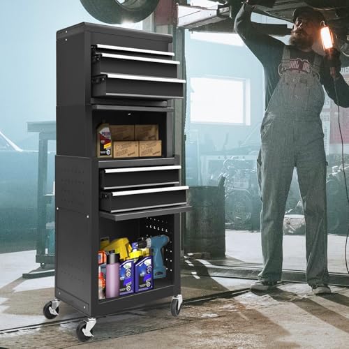 Torin ATB225XBB Rolling Tool Chest for Home & Garage Workshop: 3-in-1 Tool Box Organizer with Lockable Wheels, Sliding Drawers and Detachable Top, Black