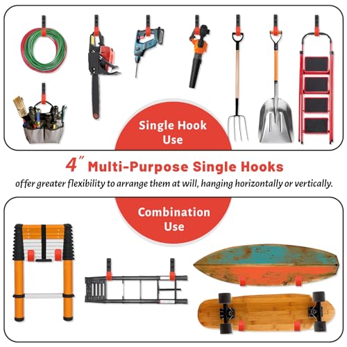 SunVFaFa 4 Inch Garage Hooks, 6 Pack Heavy Duty Wall Hooks for Hanging, Ladder Hangers for Garage Wall Mount, Steel J Utility Garden Hose Holder Tool Organizers and Storage(55lbs)