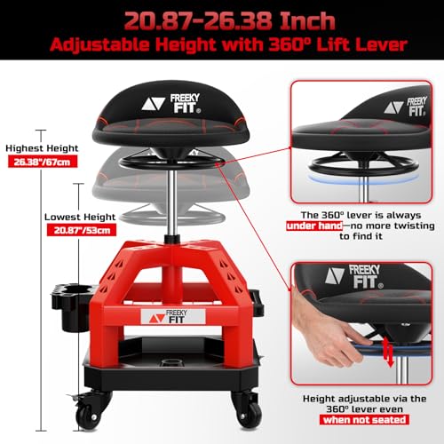 FreekyFit Rolling Shop Stool for Garage with Casters, DO02-Adjustable Height 360° Swivel Shop Seat with Tool Tray Storage, 330 LBS Capacity Padded Mechanic Stool, Magnetic Tool Hold, Heavy Duty, Red