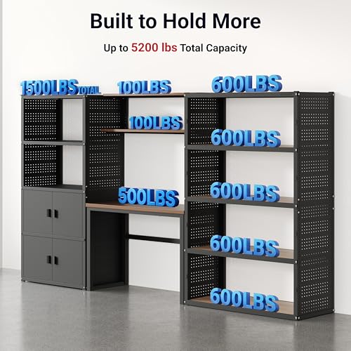 FLEXIMOUNTS Garage Storage Cabinet System, 3-in-1 Modular Metal Tool Cabinet w/ Workbench and Particle Board Shelf Includes Pegboard, 24-Gauge Steel, 129"(L) w/ 2 Doors, Black, FLEXIMOD Series