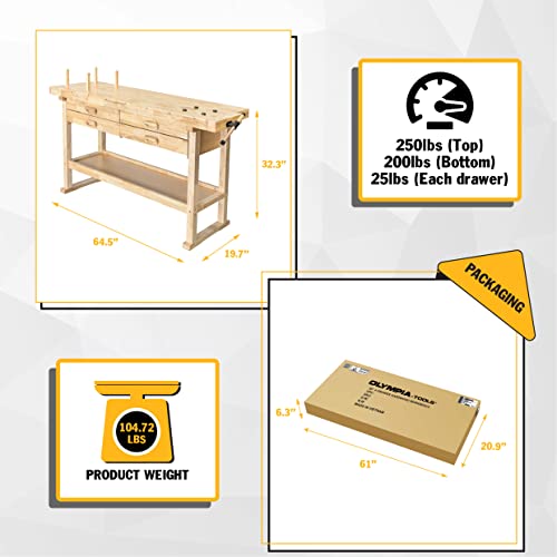 Olympia Tools 64.5” Rubber Hardwood Workbench with 4-Drawers & Clamp, 450 lb Capacity – Heavy-Duty Woodworking Storage, Tools Organizer, and Craftsman Standing Station Table for Workshop