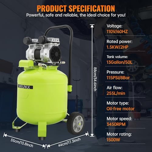 13 Gallon Air Compressor,2HP 4.2SCFM @90PSI Ultra Quiet and Oil-Free Air Compressor,115PSI Max Pressure,75 dBA Noise Level,Oil Free Compressor Tank for Auto Repair, Tire Inflation, Spray Painting