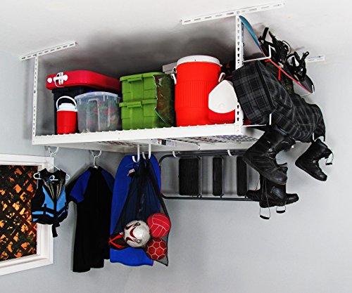 SafeRacks 4x6 Overhead Garage Storage Rack, Heavy Duty Steel Ceiling Mount Storage Shelves with 500 lb Capacity, Adjustable, Garage Overhead Storage, Shelving, Ceiling Racks White (24"-45") 2 Pack