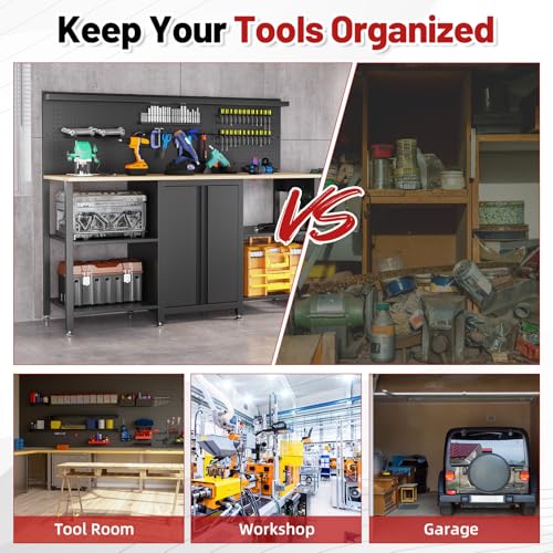 JFHID 60’’ Workbench and Garage Cabinet Storage System 2000LBS Heavy Duty Work Bench Table with Top Storage Panel Wrench Holder Hammer Rack Hooks Screwdriver Rack Charge Station Tool Organizer