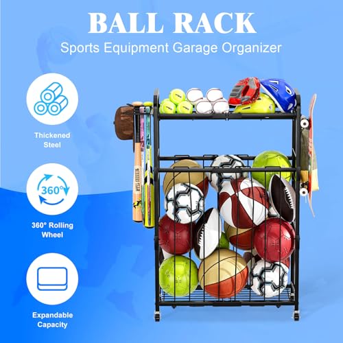 YIWANFW Garage Ball Storage Rack - Sports Equipment Organizer with Wheels, Rolling Sports Ball Cart with Elastic Rope, Outdoor Ball Holder for Basketball Soccer Volleyball Football, Garage Toy Storage