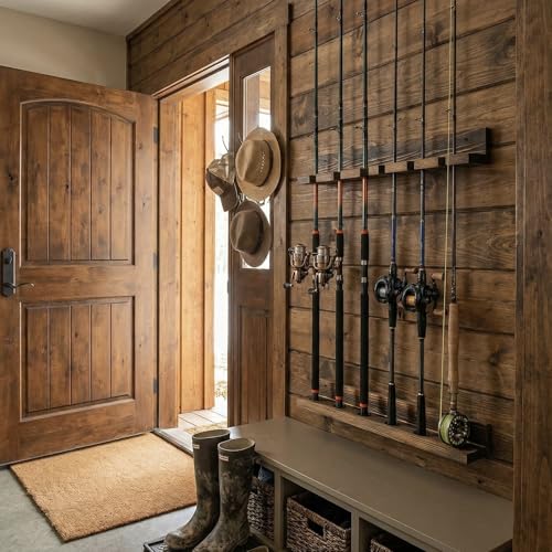 MyGift Fishing Rod Holder, Wall Mounted Burnt Wood Fishing Pole Holders for Garage, Adjustable Vertical Hanging Garage Storage Fisherman Gear Rack Holds 6 Rods, Christmas Gift