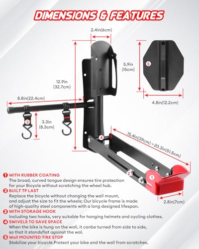 Hutigertech Swivel Bike Wall Mount,160° Wall Mount Bike Storage Garage with 2 Hooks,77lbs Load Capacity Wall Mounted Bike Holder for Mountain Bike