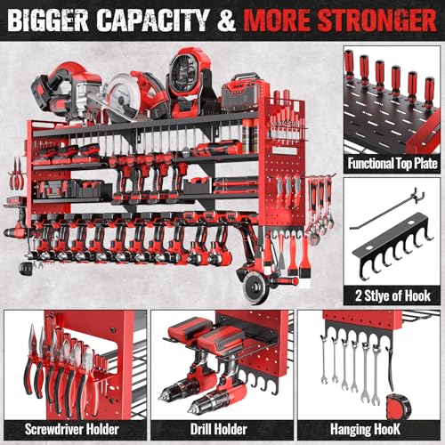 Shomextol 49.8" W Super Large Power Tool Organizer Wall Mount,4-Layer Heavy Duty Tool Storage with 18 Cordless Drill Holder,600 lb Capacity Garage Organization for Garage and Workshop (Red)