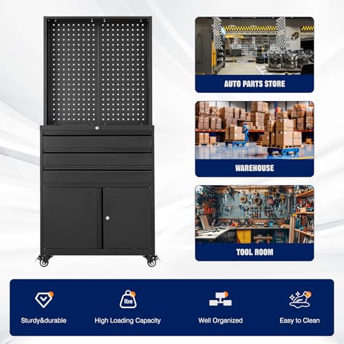Yizosh Metal Garage Storage Cabinet with Wheels,3-Drawer Rolling Tool Cabinet with 2 Door and Adjustable Shelves,- 71" Steel Tool Cabinet for Warehouse,Garage,Workshop