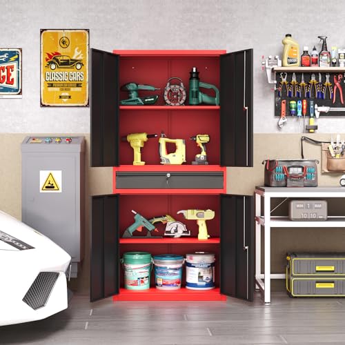 LISSIMO Metal Garage Storage Cabinet with Locking Doors and Drawer, 71" Steel Tool Storage Cabinet with Adjustable Shelves for Garage,Office,Warehouse (Red Black)