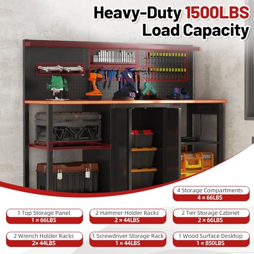 JFHID 60’’ Workbench and Garage Cabinet Storage System 2000LBS Heavy Duty Work Bench Table with Top Storage Panel Wrench Holder Hammer Rack Hooks Screwdriver Rack Charge Station Tool Organizer
