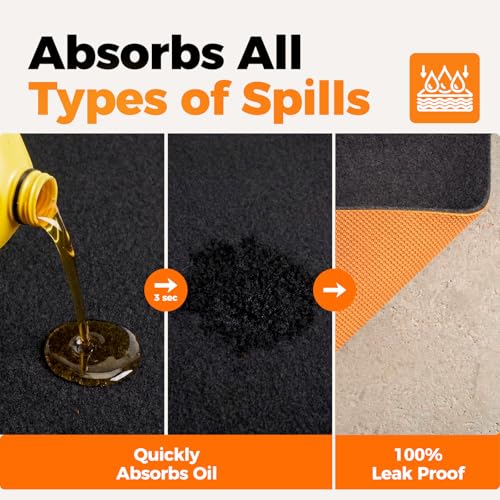 Heavy Duty Oil Spill Mat, Garage Floor Mat for Under Car, 64" X 32", Waterproof, 1/4" Rubber Backing Protects Floor, Reusable, Absorbs All Types of Spills, Oil Absorbent Pads (Black, 64" x 32")