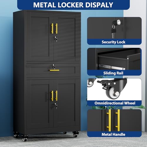 Ckzbx Metal Garage Storage Cabinet with Locking Drawers and Adjustable Shelves,71" H Steel File Cabinet with Wheels for Garage,Office (Black)