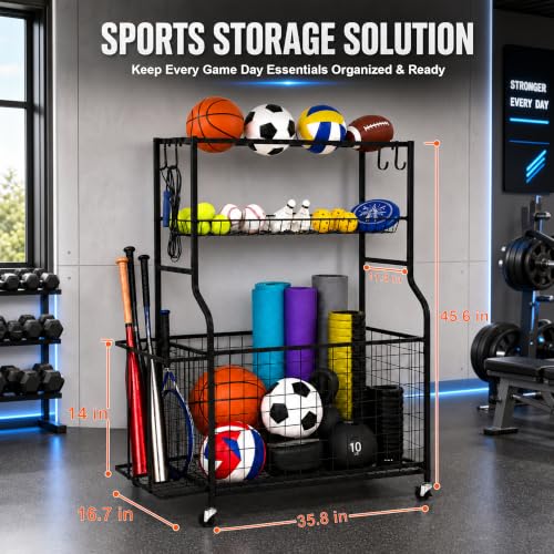 DuraMax Sports Storage Rack for Garage with Wheels, Ball Storage Rack and Sports Equipment Storage Rack, Garage Sports Organizer with Mesh Bin, Basket, Hooks and Bat Rack