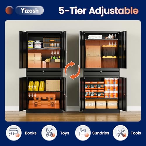 Yizosh Metal Garage Storage Cabinet with Locking Doors and Adjustable Shelves, 71" Tool Storage Cabinet with 1 Drawer for Garage,Warehouse (Black)
