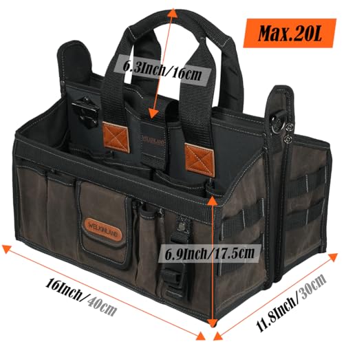 WELKINLAND 20-Pockets Electrician Tool Tote, 16"-Wide Open Top Tool Tote, Waxed-Canvas Electrical Tools Bag, Heavy-Duty Tool Bags For HVAC Tech, Stay-Up Technician Tool Bag