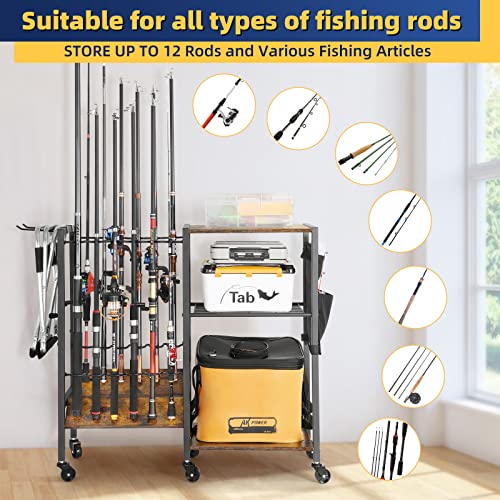 Olakee Fishing Rod Holder for Garage, 12 Fishing Pole Rack & Tackle Organizer, Fishing Gear Storage Cart for Home Entryway & Corner, Space Saving Rod Stand, Heavy Duty Gift for Men Dad Anglers