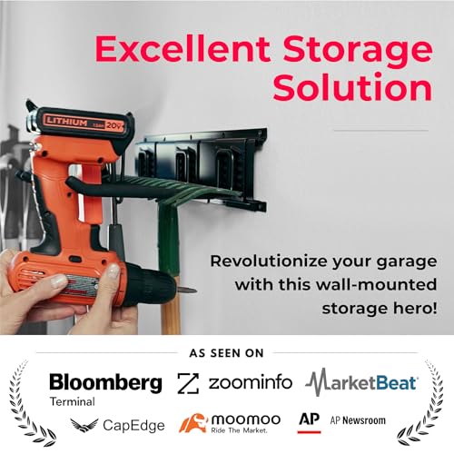 Heavy-Duty Garage Wall Storage System | Wall Mounted Tool Organizer Rack with Shelving | 10-Piece Mounting Kit | Includes 4x8.5” Adjustable Hooks & 2x16.5” Floating Utility Shelves