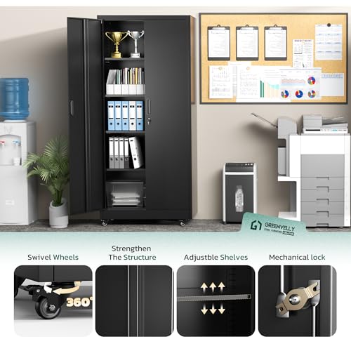 Greenvelly 73" Rolling Storage Cabinet,Black Metal Garage Cabinet with Locking Doors and 4 Adjustable Shelves for Home,Kitchen,Office,Warehouse(32" W x 16" D,Wheels)
