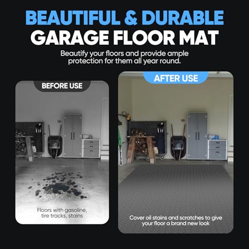 7.5 X 17 FT Rubber Garage Floor Mat, Diamond Plate PVC Mats Thickened Garage Flooring Roll for Under Car, Parking Mat Heavy Duty Non-Slip Protector, for SUV, Trailer, Gym, Shed, Basement (Grey)