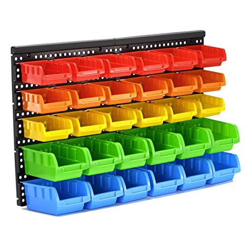 VEOFEMLEA 30-Bin Wall Mounted Storage Bins Kit, Tool Organizer Rack, Garage Hardware Organizer, 5 Color Parts Storage Bins, DIY Combination