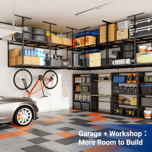 FLEXIMOUNTS 4x8 2-Tier Overhead Garage Storage Rack – Adjustable Heavy Duty Metal Garage Ceiling Storage Racks, 1000 lbs Capacity – Garages Organization System for 9–15 ft Tall Garages, Black