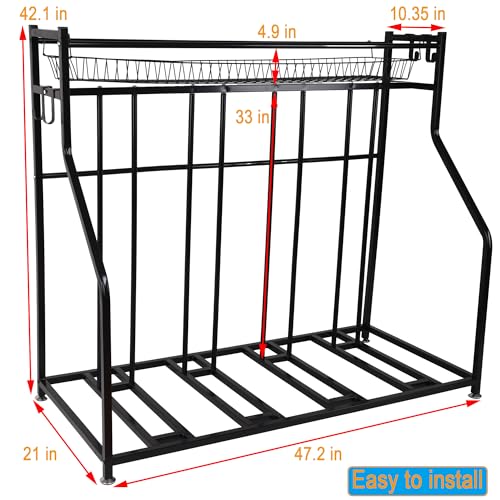 LuckySlycyc 4 Bike Rack Garage,4 Bike Stand for Garage,4 Bike Storage Rack,With storage basket adjustable hooks black metal bike stand floor for most 3"- 4" tyres bikes (4 Grids)