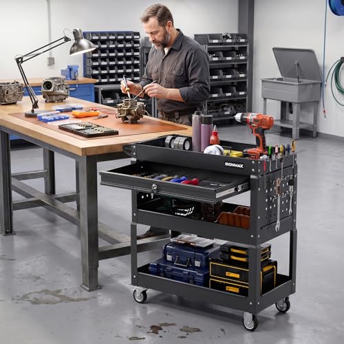 Goplus 3 Tier Rolling Tool Cart with Lockable Drawer, Heavy Duty Metal Utility Cart on Wheels with Pegboards & Hooks, Mechanic Tool Storage Organizer for Garage, Warehouse & Workshop (Black)