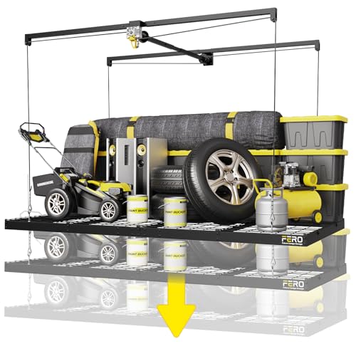 FERO Overhead Garage Storage Rack, 500 lb Capacity, 4x8 FT Garage Ceiling Storage Rack with Safety Lock, Heavy-Duty Ceiling Mounted Lift System, Drop-Down Garage Ceiling Organizer
