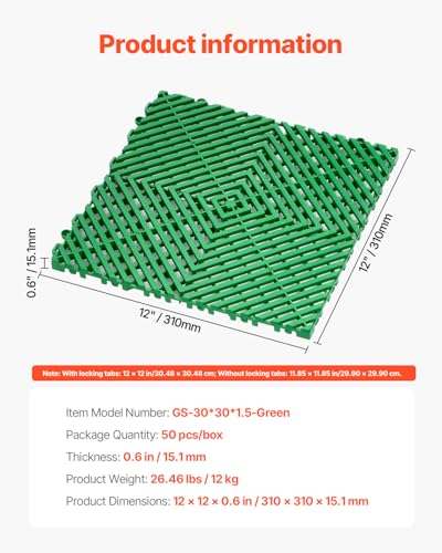 VEVOR Interlocking Drainage Mat, 50 Pcs Modular Interlocking Cushion, 12” x 12” Splicing Drainage Mats, Non-Slip PP Drainage Floor Tile and Shower Mat, for Garage, Garden, Kitchen & Outdoor, Green