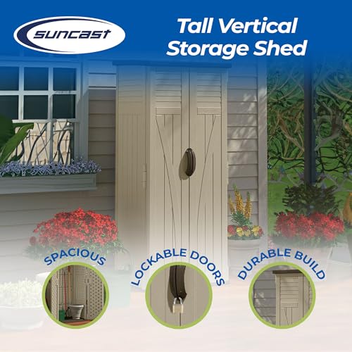 Suncast Vertical Shed, Compact Outdoor Storage System, 22 Cu. Ft. Capacity, Sand & Mustang - Lockable Multi-Wall Resin Organizer for Long-Handle Tools, Garden Supplies and Yard Equipment