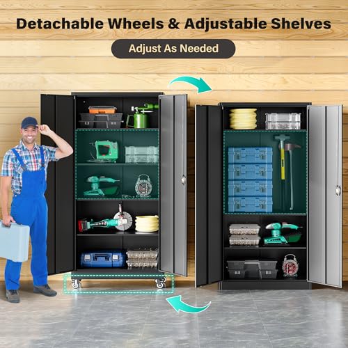 SISESOL Metal Storage Cabinet with Wheels,75 inch Tall Rolling Garage Storage Cabinet with Lock,Black Metal Cabinets with Wheels and Shelves,Deep Heavy Duty Tool Locker for Garage,Home,Office,Shop