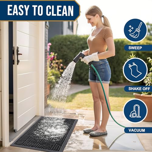Smiry Front Door Mat Outside Entrance, Heavy Duty Sturdy Natural Rubber Doormat, Trap Dirt and Moisture, Easy Clean Low Profile Mats for Indoor Outdoor Entry, Irregular Triangle (29.5x17, Black)