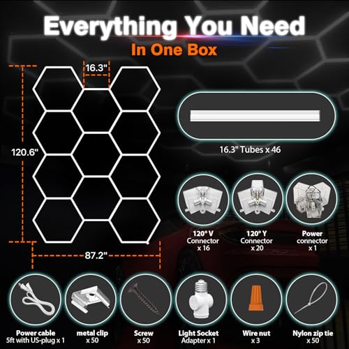 Litezone Hexagon Garage Lights : 3 Level Dimmable 322W Tube 11 Grids Hexagon LED Lights - Easy Install 6500K Super Bright Hex Lights for Garage, Home Gym, Shop, Workshop, Basement, Studio