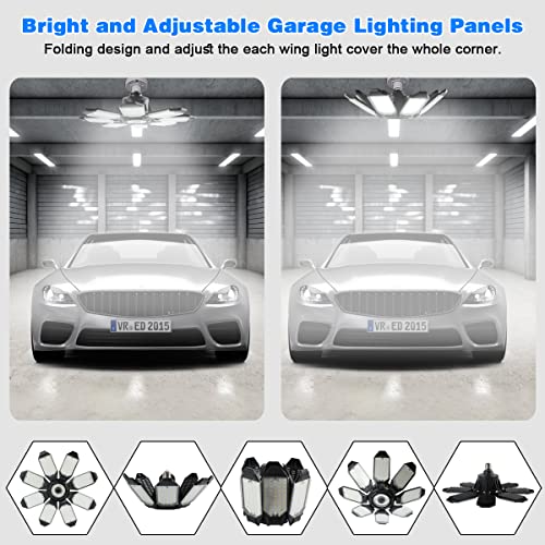 POLARPRA Garage Lights - 40000LM Super Bright Garage Lights Ceiling Led w/ 8 Deformable Panels Compatible for E26/E27 Screw in Socket Garage Lighting Bulb for Barn Basement Shops Attic - 2Pack