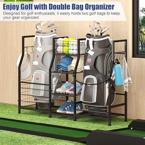 Sonyabecca Garage Sports Equipment Organizer 2 Golf Bag Stand Golf Storage Organizer for Garage with Basket and Hooks, Storage Rack for 2 Golf Bag, Golf Gift for Men, Gifts for Father