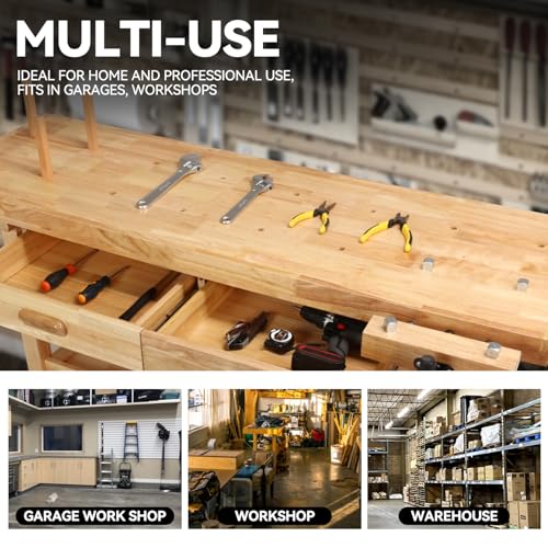 Auto Dynasty 60" Wood Workbench, Heavy Duty Woodworking Bench with Adjustable Handle, 500Lbs Load Capacity Woodworking Table Work Bench with Storage for Garage, Workshop, Home Storage (Natural)