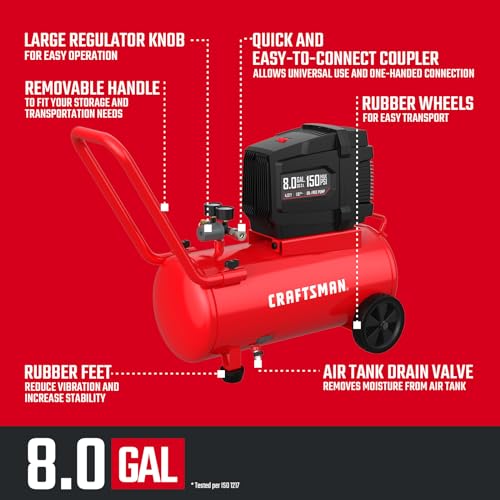 CRAFTSMAN Air Compressor 8 Gallon Oil-Free 1.8 HP Max 150 PSI Horizontal Tank Portable