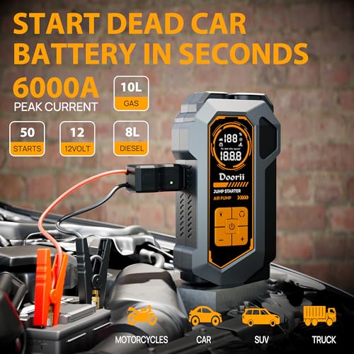 Doorii 6000A Jump Starter with Air Compressor, 10-in-1 Car Jumper Starter Portable, 150PSI Tire Inflator/Air Pump, LED Flashlight for Up to 10.0L Gas / 8.0L Diesel Engines