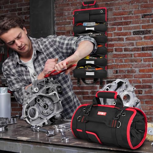 Tool Bag,Large Roll Up Tool Bag Organizer,13 Pockets Tool Roll Storage Pouch,Heavy Duty Portable Tool Storage Carrier Bag for Men,Mechanic,Electrician,Valentines Day Gifts for Men,Black/Red