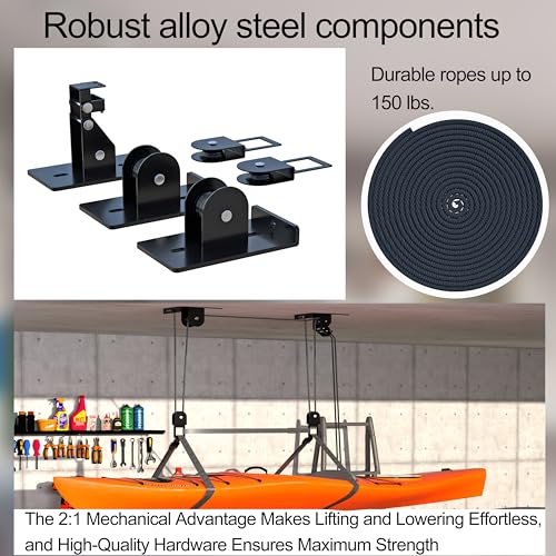 TRUSOON Kayak Hoist Pulley System for Garage, Durable Nylon Rope Ceiling Lift for 10-18 FT, Overhead Storage Rack for Canoe, Holds 150 LBS, Black