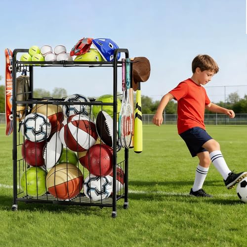 YIWANFW Garage Ball Storage Rack - Sports Equipment Organizer with Wheels, Rolling Sports Ball Cart with Elastic Rope, Outdoor Ball Holder for Basketball Soccer Volleyball Football, Garage Toy Storage