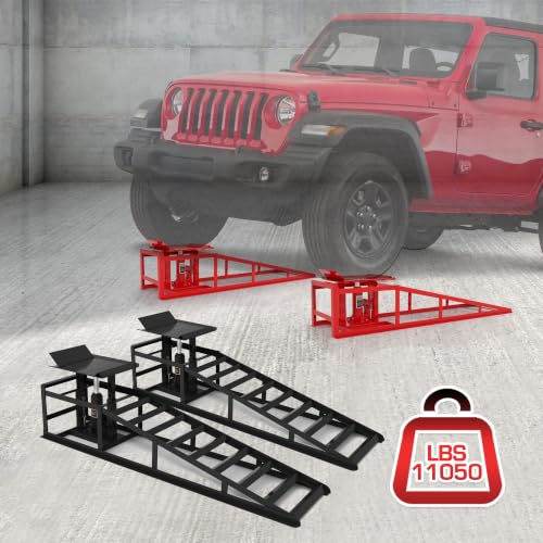 LOCKIETTA 2 PCS Hydraulic Car Ramps 11065LBS 5T Heavy Duty Car Ramp with Hydraulic Jack, Red