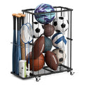 Ball Storage Rack with Wheels, Rolling Ball Organizer for Garage with Side Bat Holder, Basketball Holder for Soccer and Football Sports Equipment Organizer Toy Storage for Gym Playroom,Black