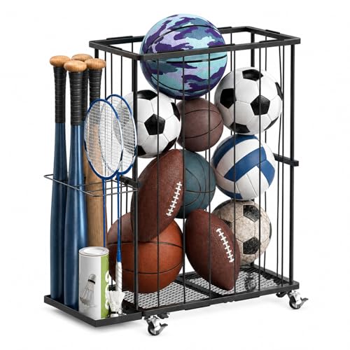 Ball Storage Rack with Wheels, Rolling Ball Organizer for Garage with Side Bat Holder, Basketball Holder for Soccer and Football Sports Equipment Organizer Toy Storage for Gym Playroom,Black