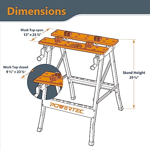 POWERTEC Portable Small Workbench with Vise, Imprinted Ruler and Protractor Scale, Folding Sawhorse/Worktable and 4 Bench Dogs for Woodworking Projects (MT4006V)