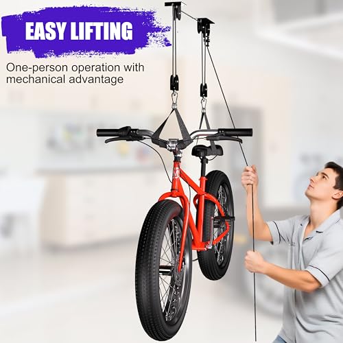 TRUSOON 2 Pack Bike Hoist, Heavy Duty Ebike Lift Pulley System for Garage Ceiling Overhead Storage for Bicycle, Ladders, Snowboard, Holds Up to 85 lbs Capacity, Fit 10-16 Foot High Ceilings