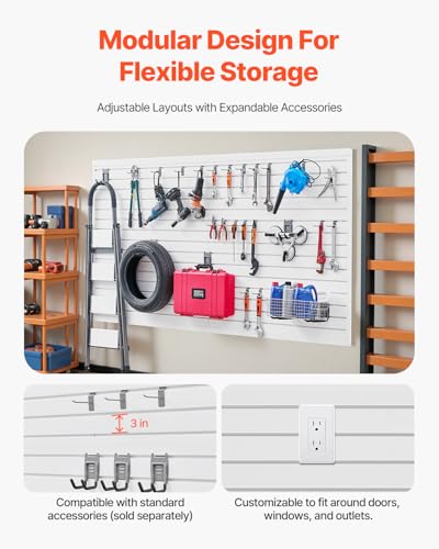 VEVOR Slat Wall Paneling, 8 x 4 ft, PVC Garage Slatwall with Accessories, White Slat Wall Easy-to-Install Adjustable Slatwall Panel with Coupling Structure & DIY Cutting, Fits for Storage & Display